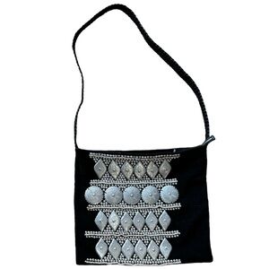 Black Linen, Leather and silver cross body bag.
